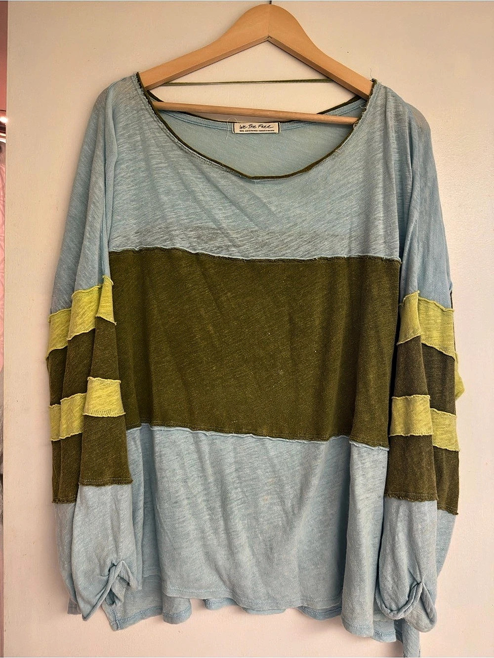 Free People Color Block Long Sleeve Top in Blue & Green